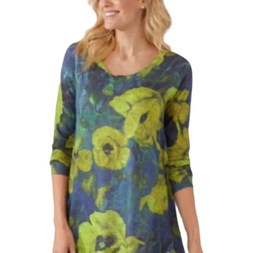 Soft Surroundings Lake District Poppy Green Yellow Floral Lightweight Sweater L